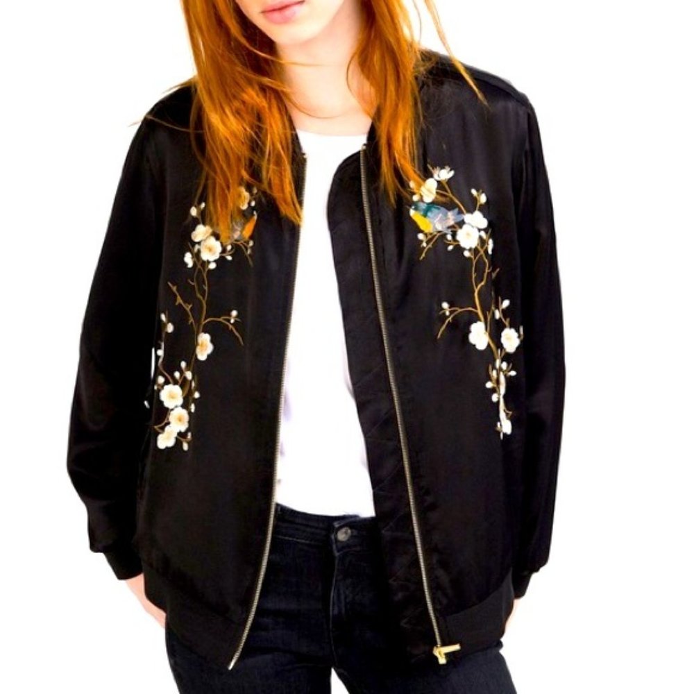 NWT A. MOSS Black Floral Embroidered Bomber Jacket sz M